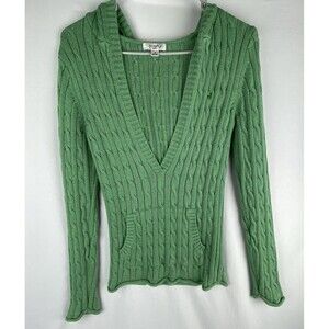 VTG Y2K Old Navy Sweater Medium The Perfect Fit Green Cable Knit Hood Fisherman